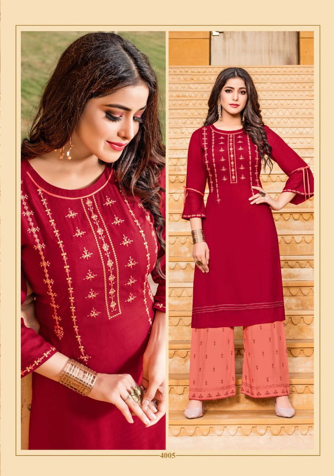 Chemistry Rayon Designer Embroidered Party Wear Plazzo Kurti Collection 4001-4007